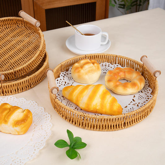 Round Rattan Serving Tray with Wooden Handles