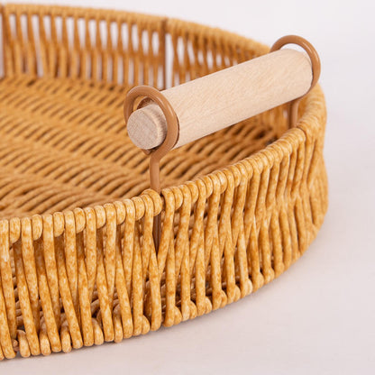 Round Rattan Serving Tray with Wooden Handles