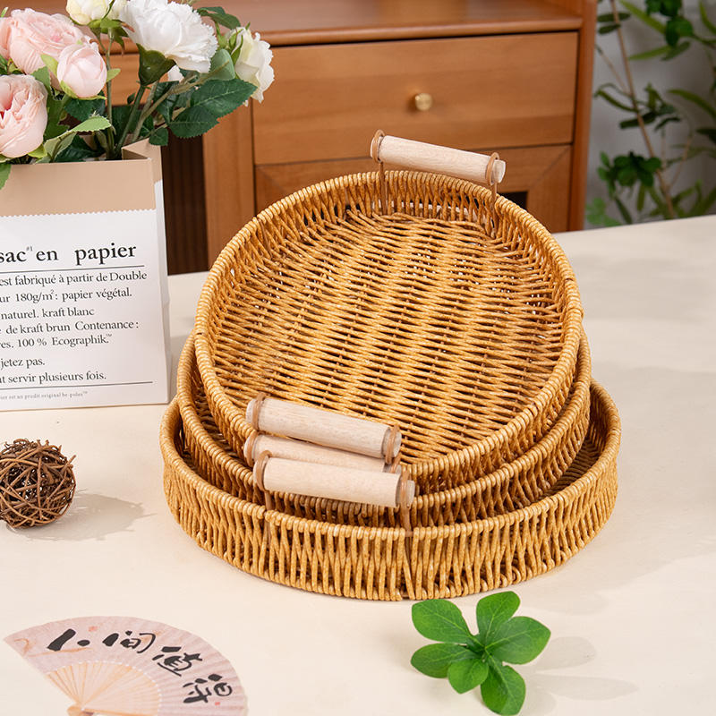 Round Rattan Serving Tray with Wooden Handles