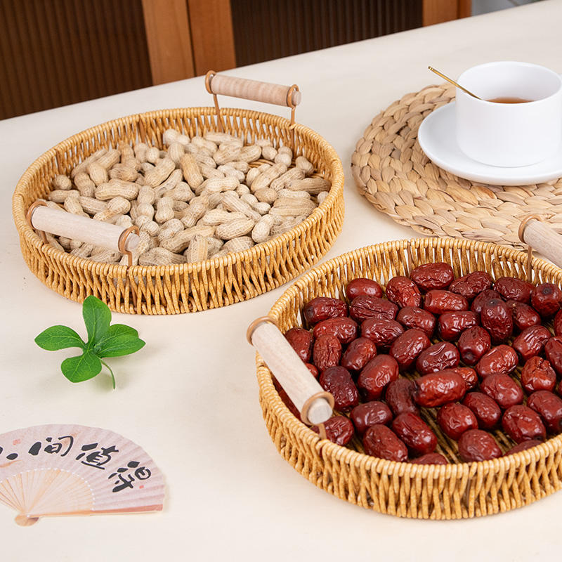Round Rattan Serving Tray with Wooden Handles